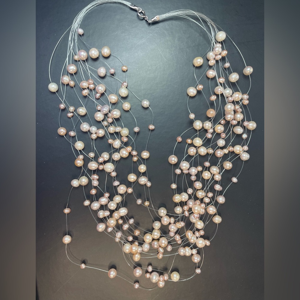 New! Freshwater Cultured Pearl Necklace, 14 Rows Floating w/ Soft Pink Hues - Picture 3 of 7